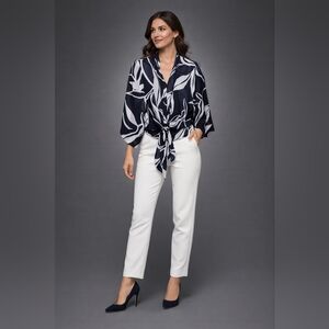 Chico’s Navy White Tie Front Blouse | Abstract Print Top | 3/4 Sleeve | Small |